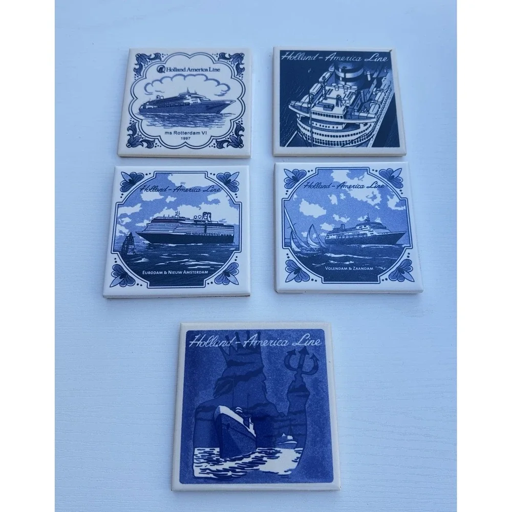 Set of 5‎  HOLLAND-AMERICA Cruise Delft Blue White Tile Coaster Set NEW w COA